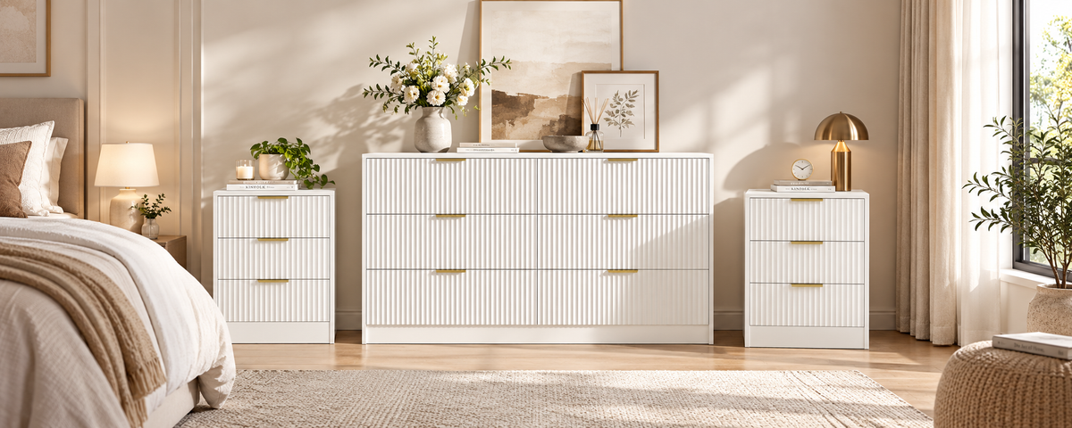White Fluted Dresser and Night stands set