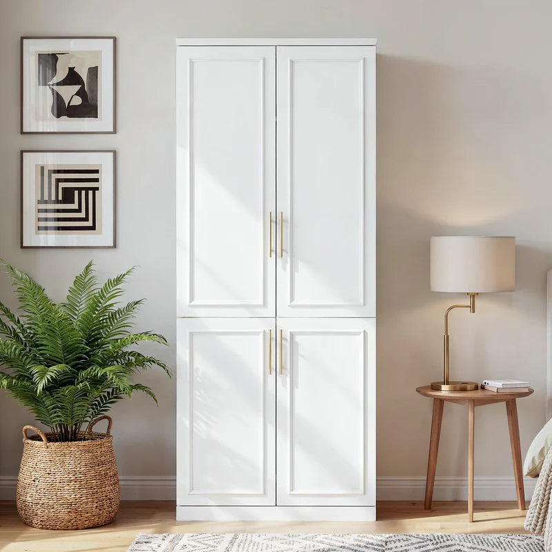 White Wood 4-Door Armoire with Hanging Rod & 2 Spacious Storage Shelves for Bedroom