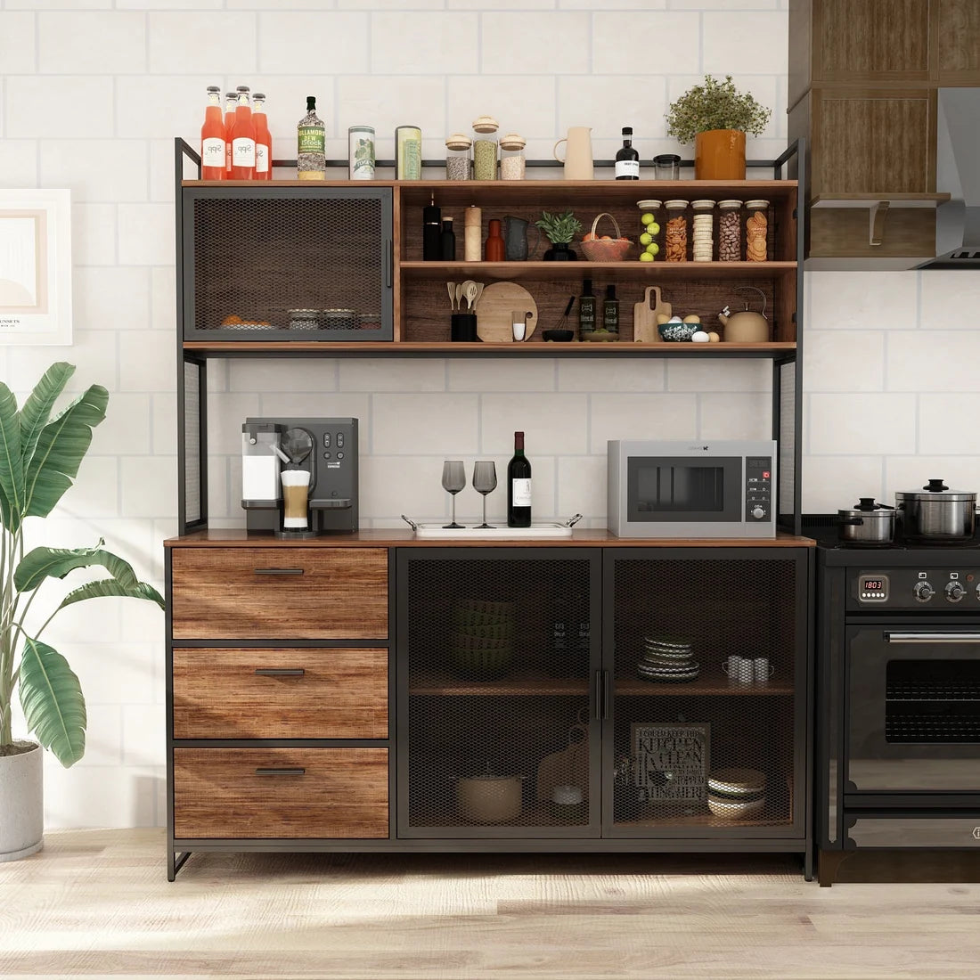 Brown Wood Kitchen Buffet Pantry with 3 Mesh Doors & Drawers, Sideboard for Dining Room