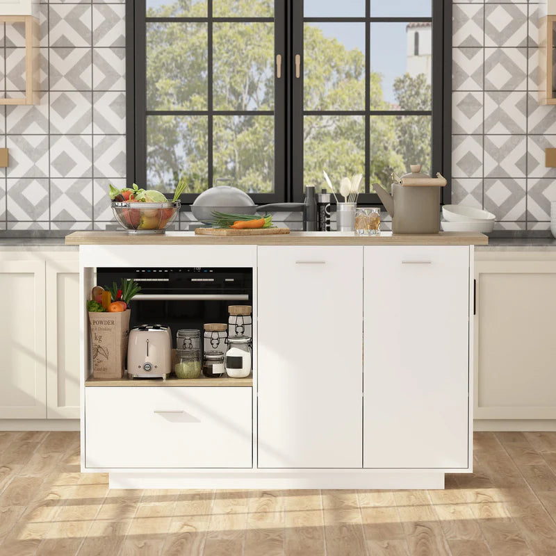 FUFU&GAGA 150 cm Modern Minimalist White Kitchen Island with Open Storage and Adjustable Shelf