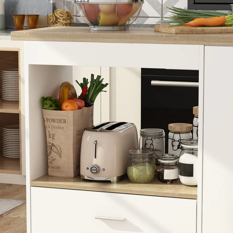 FUFU&GAGA 150 cm Modern Minimalist White Kitchen Island with Open Storage and Adjustable Shelf