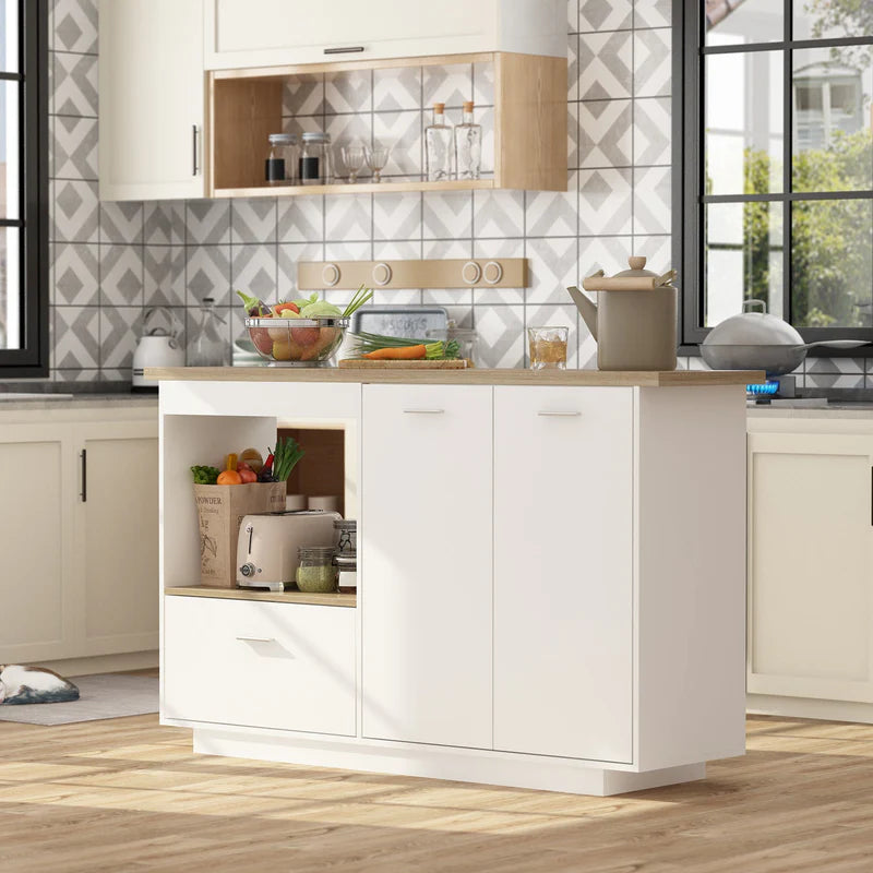 FUFU&GAGA 150 cm Modern Minimalist White Kitchen Island with Open Storage and Adjustable Shelf
