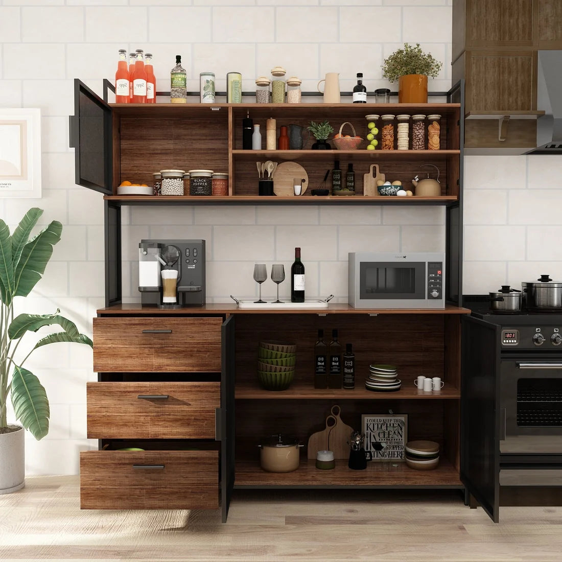 Brown Wood Kitchen Buffet Pantry with 3 Mesh Doors & Drawers, Sideboard for Dining Room