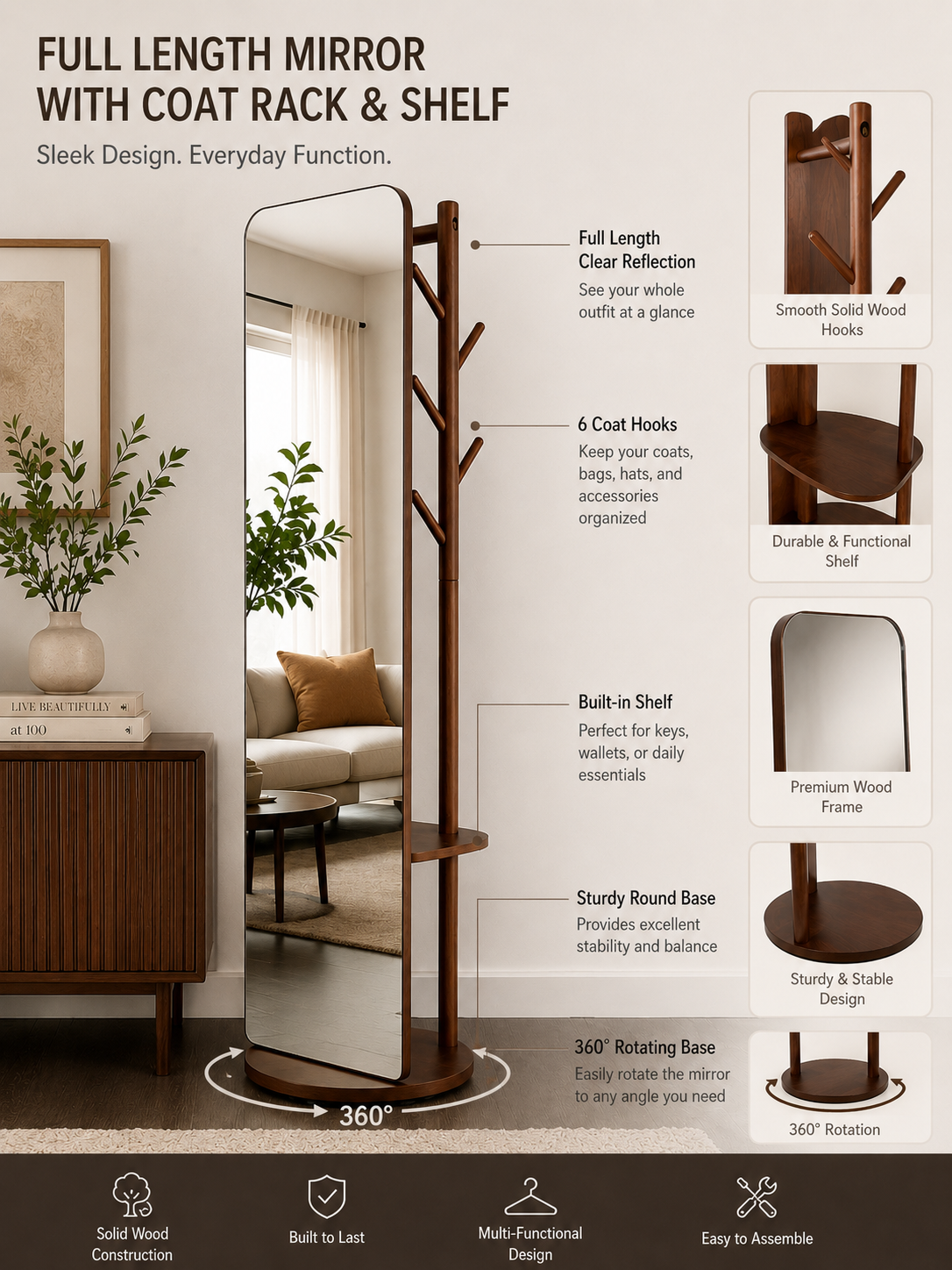 Floor Mirror  with Coat Hooks and build-in shelf