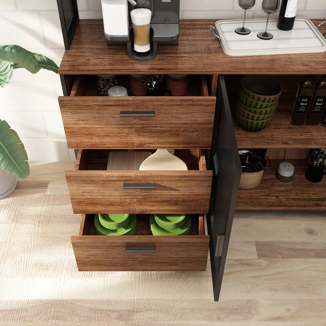 Brown Wood Kitchen Buffet Pantry with 3 Mesh Doors & Drawers, Sideboard for Dining Room