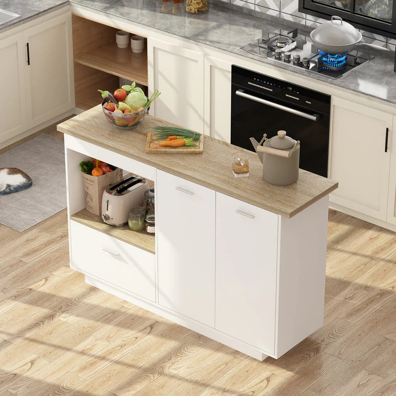 FUFU&GAGA 150 cm Modern Minimalist White Kitchen Island with Open Storage and Adjustable Shelf