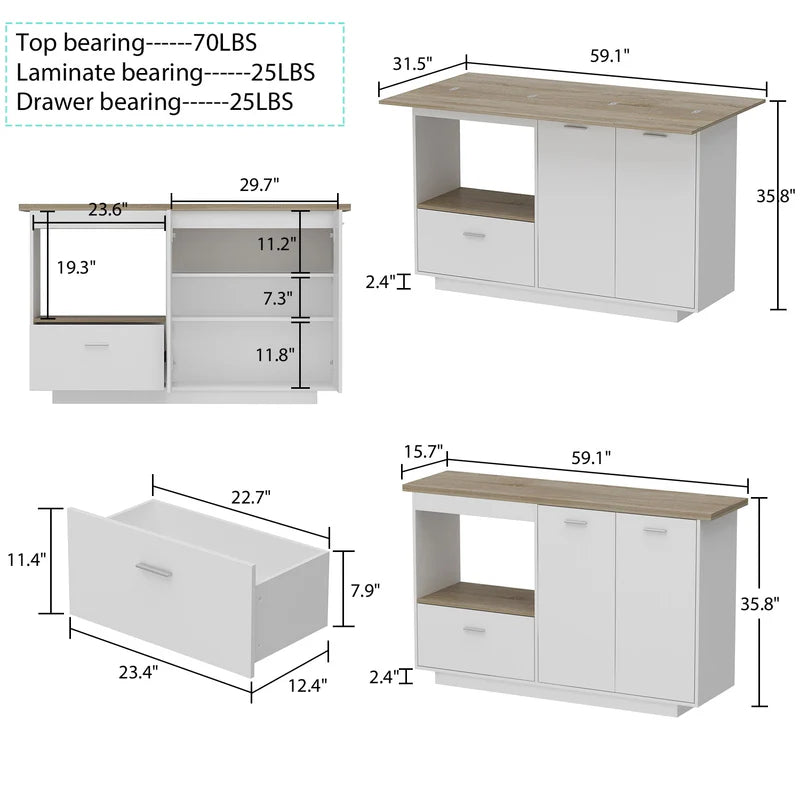 FUFU&GAGA 150 cm Modern Minimalist White Kitchen Island with Open Storage and Adjustable Shelf
