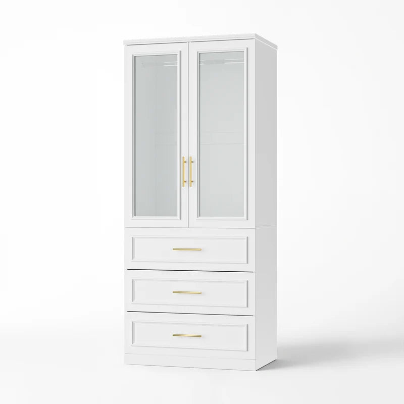 81 cm Modern White Glass Door Armoire with Hanging Rod and 3 Drawers