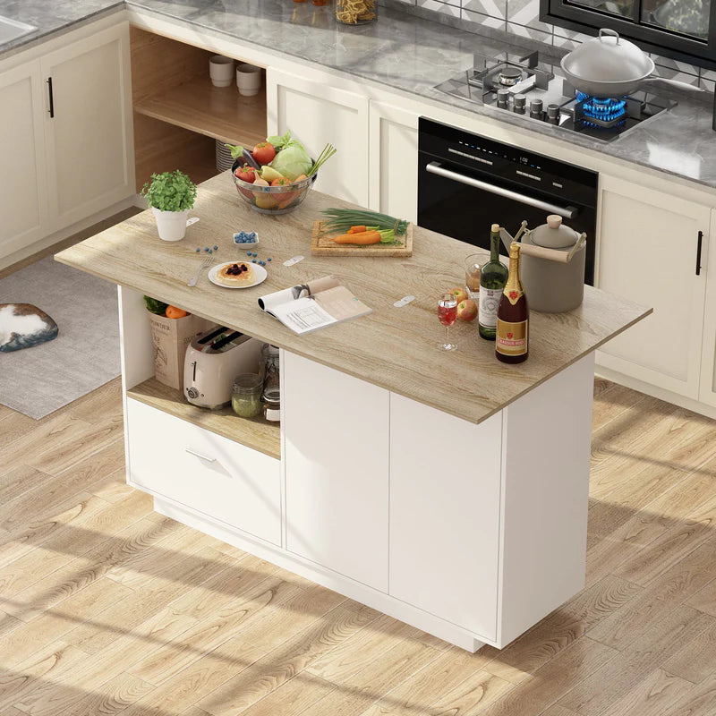FUFU&GAGA 150 cm Modern Minimalist White Kitchen Island with Open Storage and Adjustable Shelf