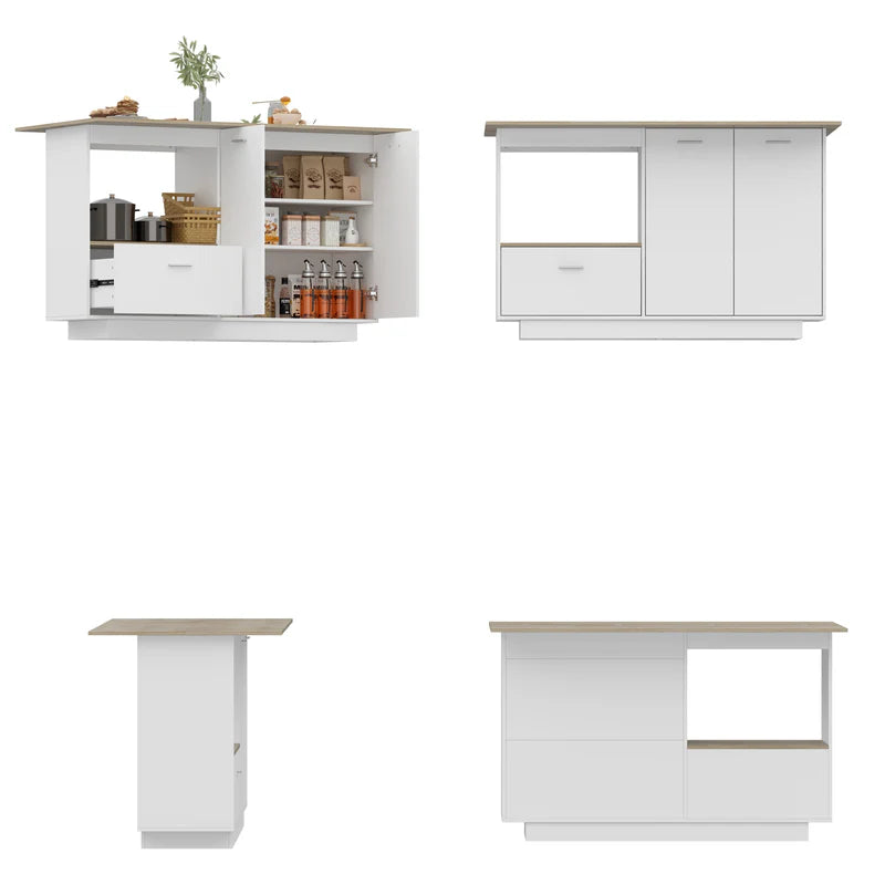 FUFU&GAGA 150 cm Modern Minimalist White Kitchen Island with Open Storage and Adjustable Shelf