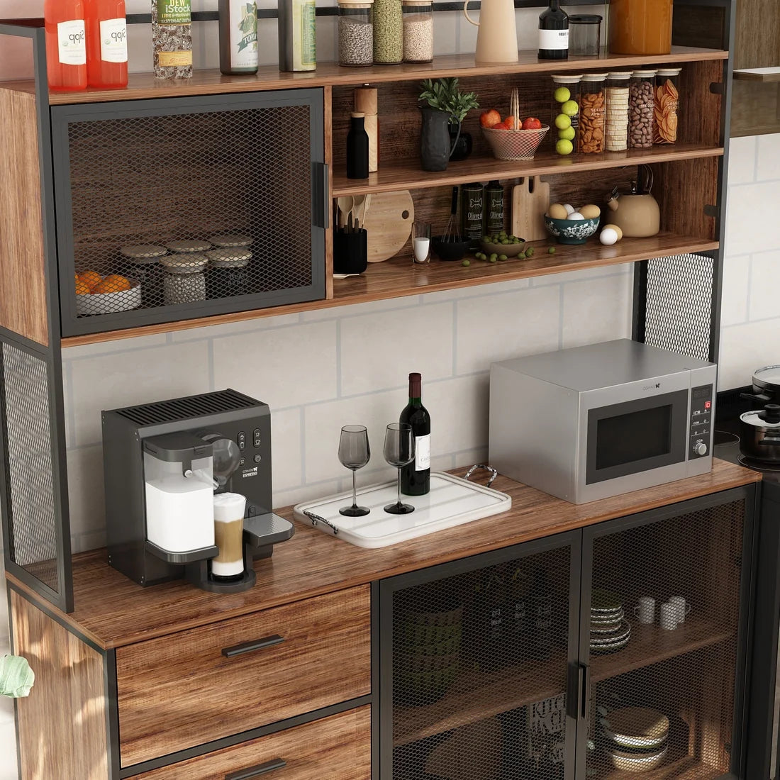 Brown Wood Kitchen Buffet Pantry with 3 Mesh Doors & Drawers, Sideboard for Dining Room