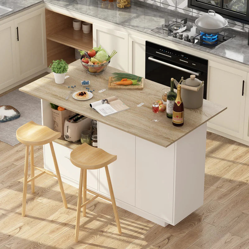 FUFU&GAGA 150 cm Modern Minimalist White Kitchen Island with Open Storage and Adjustable Shelf