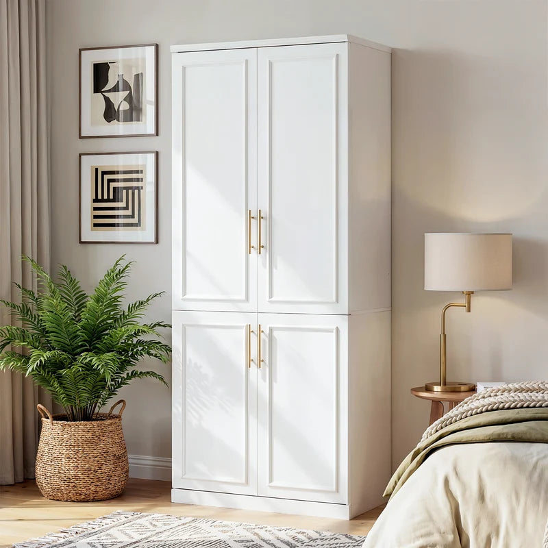 White Wood 4-Door Armoire with Hanging Rod & 2 Spacious Storage Shelves for Bedroom