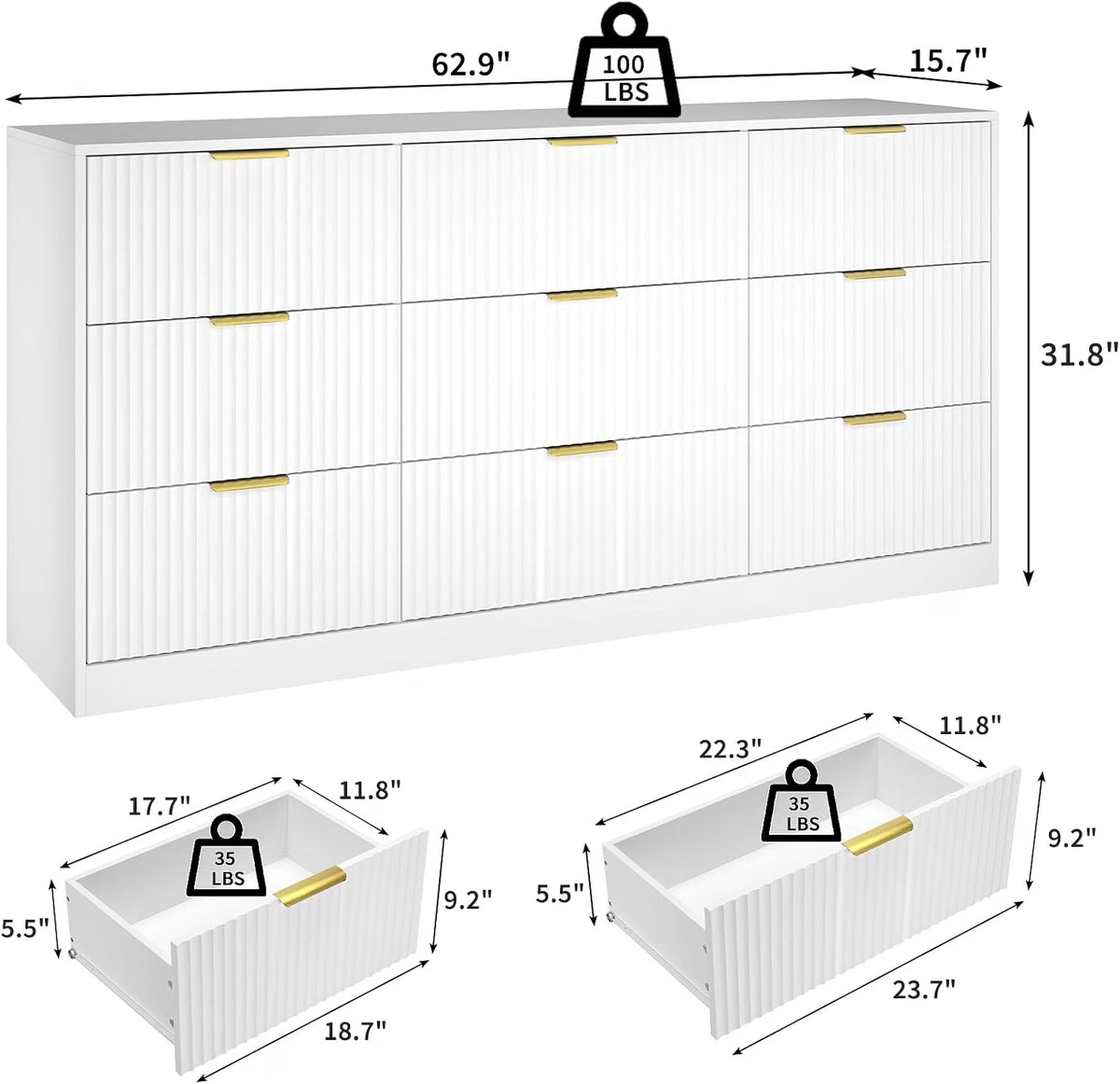 Dresser for Bedroom with 9 Drawer, 63” Wide White Dresser Modern Chest of Drawers with Metal Handle, Wooden TV Stand Storage