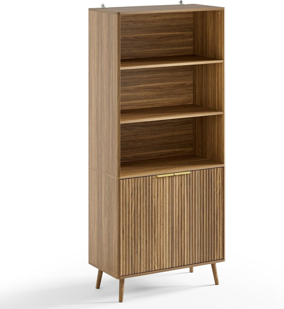 BAZELOR  71" Tall Bookshelf, 5-Tier Fluted Bookcase for Living Room, Walnut