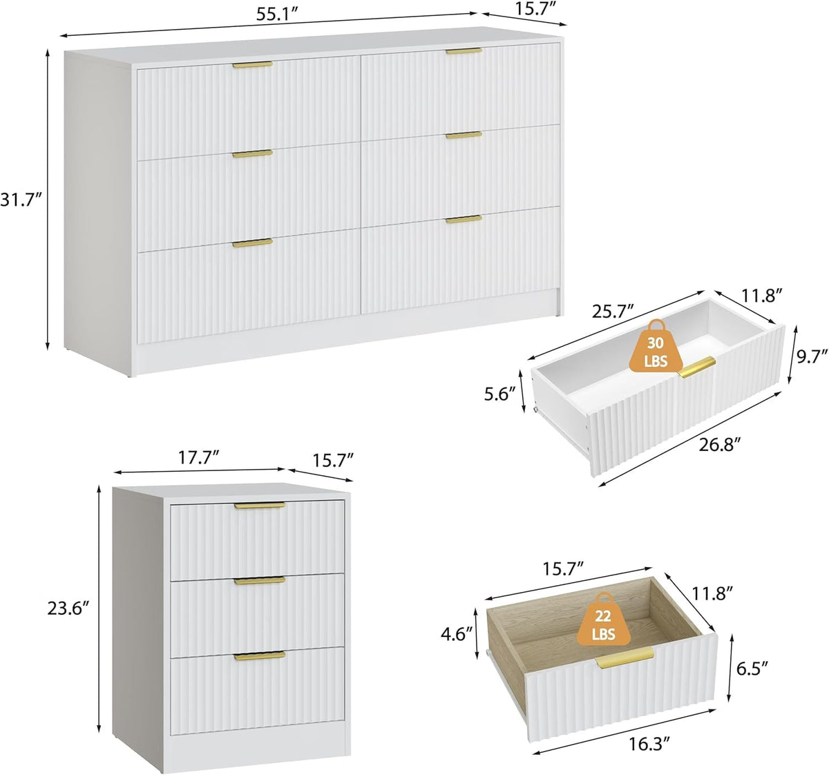 6 Drawer Dresser & 2-Drawer Nightstand Set 3-Piece, White丨55 Wide Bedroom Set Night Stand Set of 2 with Metal Handle, Fluted Wood Chest of Drawers Storage Dressers Set for Bedroom