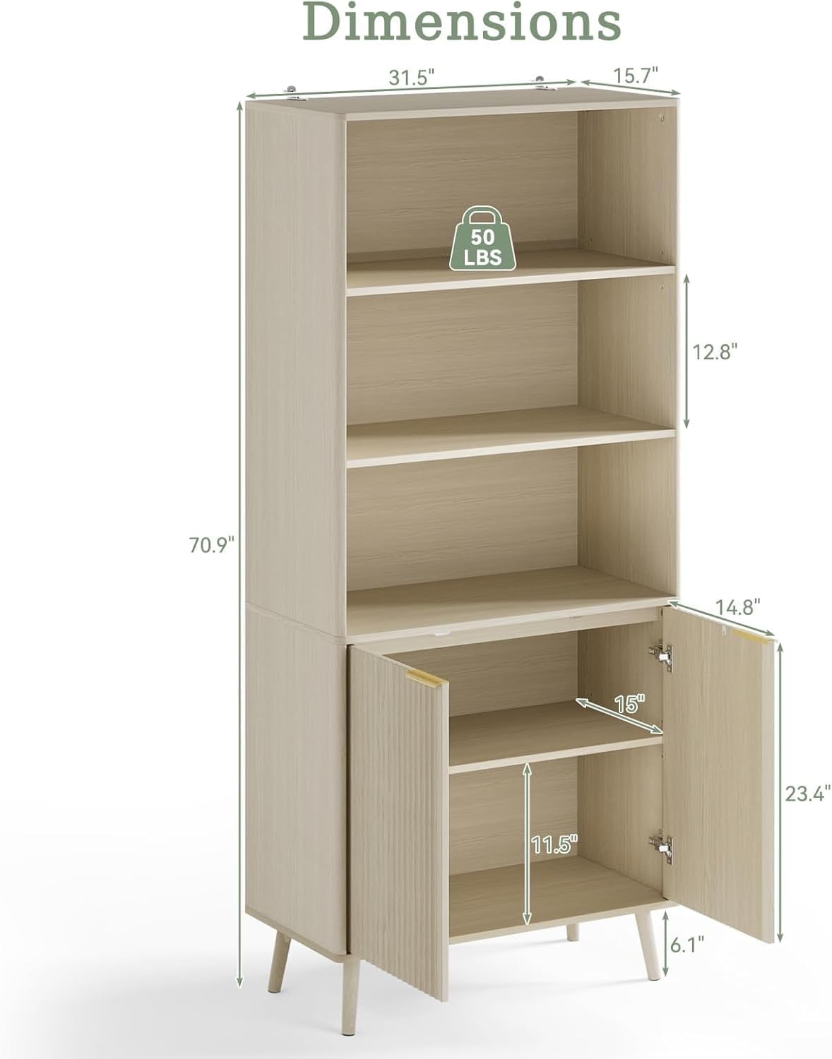 BAZELOR  71" Tall Bookshelf, 5-Tier Fluted Bookcase for Living Room, Walnut