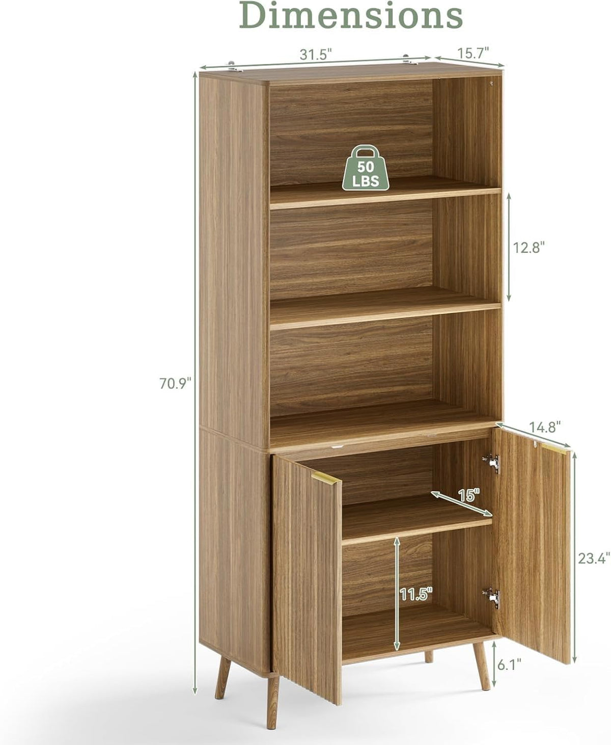 BAZELOR  71" Tall Bookshelf, 5-Tier Fluted Bookcase for Living Room, Walnut