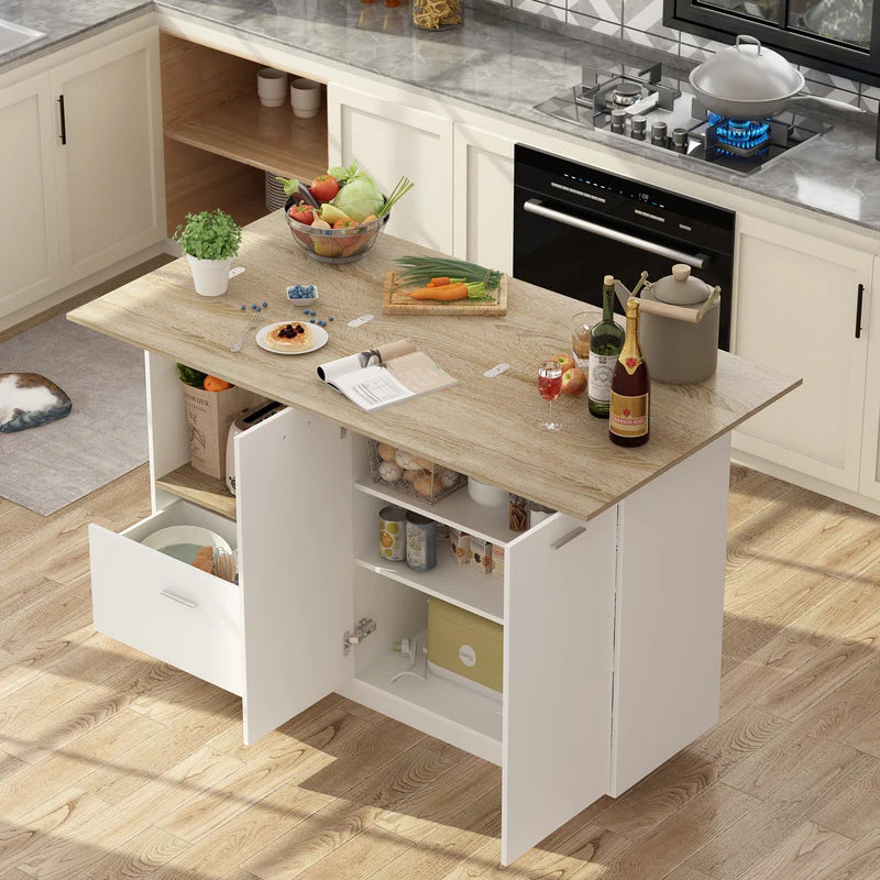 FUFU&GAGA 150 cm Modern Minimalist White Kitchen Island with Open Storage and Adjustable Shelf
