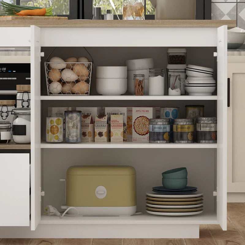 FUFU&GAGA 150 cm Modern Minimalist White Kitchen Island with Open Storage and Adjustable Shelf
