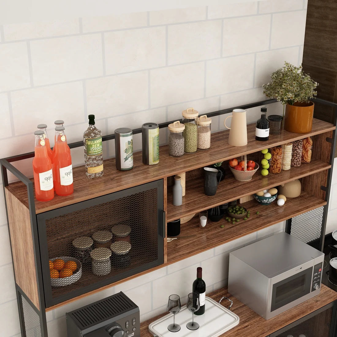 Brown Wood Kitchen Buffet Pantry with 3 Mesh Doors & Drawers, Sideboard for Dining Room