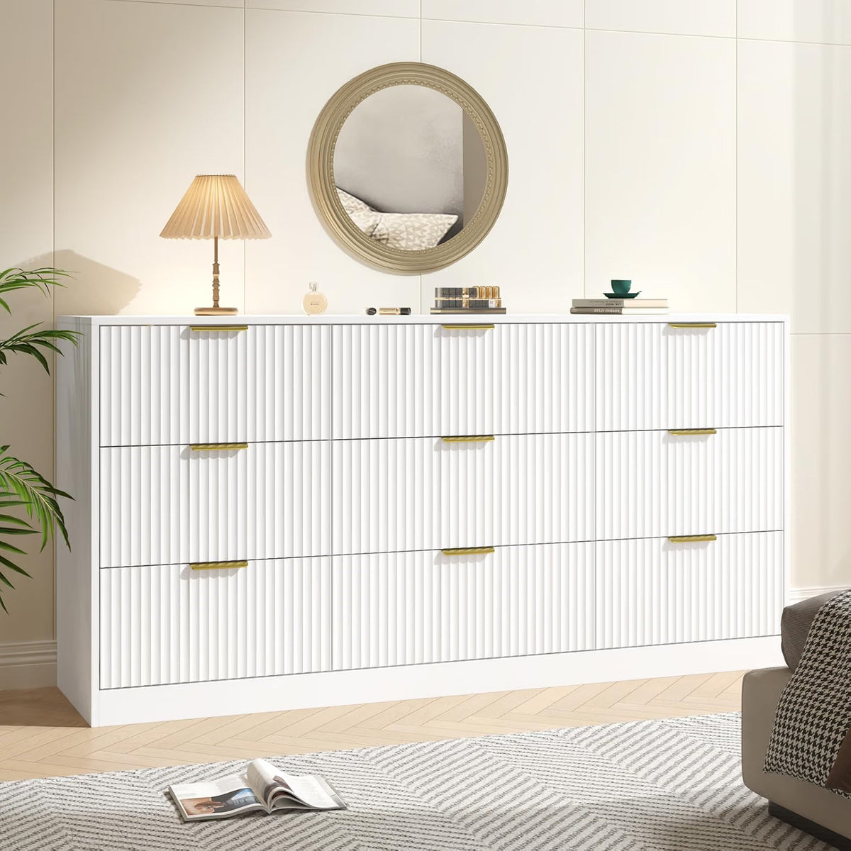 Dresser for Bedroom with 9 Drawer, 63” Wide White Dresser Modern Chest of Drawers with Metal Handle, Wooden TV Stand Storage