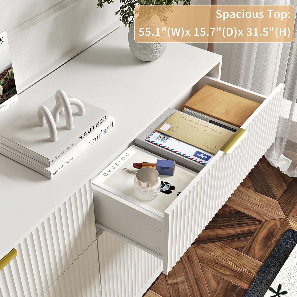 6 Drawer Dresser & 2-Drawer Nightstand Set 3-Piece, White丨55 Wide Bedroom Set Night Stand Set of 2 with Metal Handle, Fluted Wood Chest of Drawers Storage Dressers Set for Bedroom