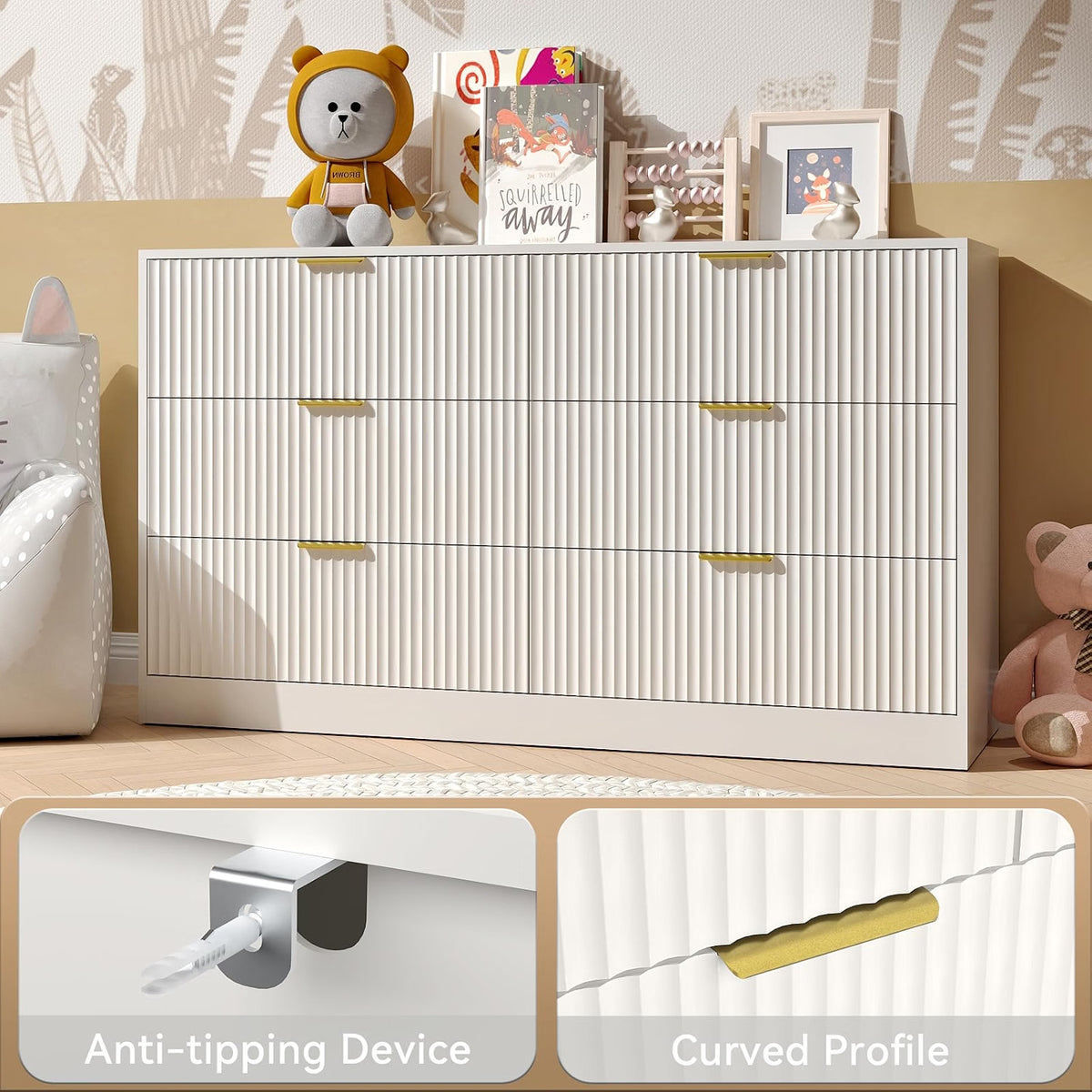 6 Drawer Dresser & 2-Drawer Nightstand Set 3-Piece, White丨55 Wide Bedroom Set Night Stand Set of 2 with Metal Handle, Fluted Wood Chest of Drawers Storage Dressers Set for Bedroom