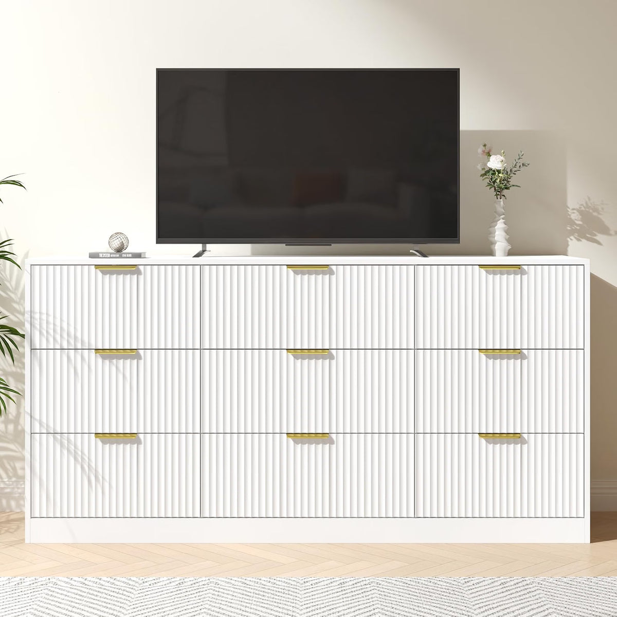 Dresser for Bedroom with 9 Drawer, 63” Wide White Dresser Modern Chest of Drawers with Metal Handle, Wooden TV Stand Storage