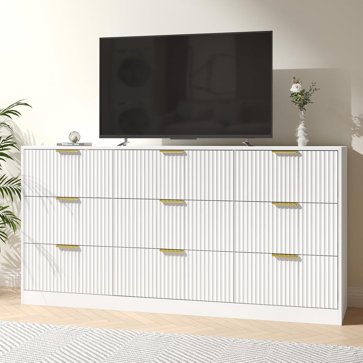 Dresser for Bedroom with 9 Drawer, 63” Wide White Dresser Modern Chest of Drawers with Metal Handle, Wooden TV Stand Storage