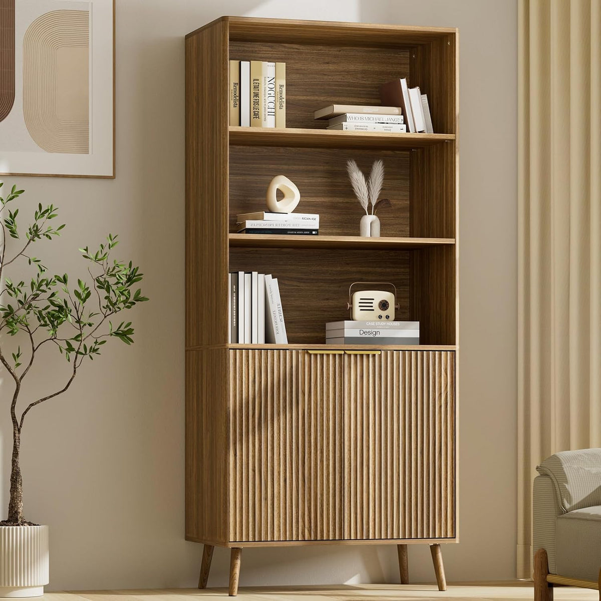 BAZELOR  71" Tall Bookshelf, 5-Tier Fluted Bookcase for Living Room, Walnut