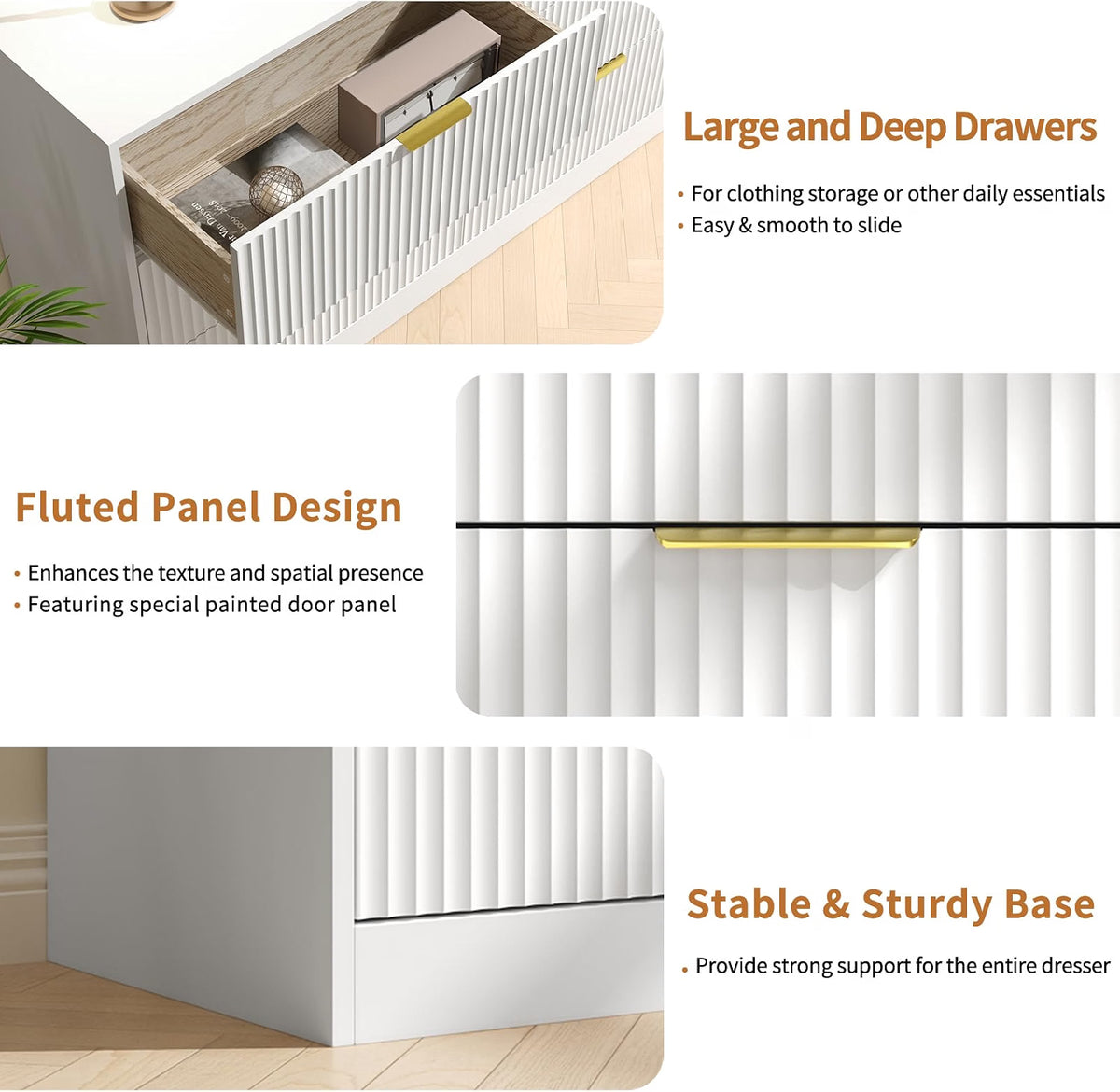 6 Drawer Dresser & 2-Drawer Nightstand Set 3-Piece, White丨55 Wide Bedroom Set Night Stand Set of 2 with Metal Handle, Fluted Wood Chest of Drawers Storage Dressers Set for Bedroom