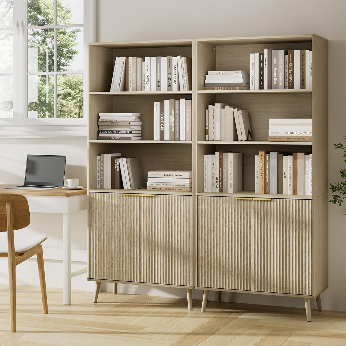 BAZELOR  71" Tall Bookshelf, 5-Tier Fluted Bookcase for Living Room, Walnut