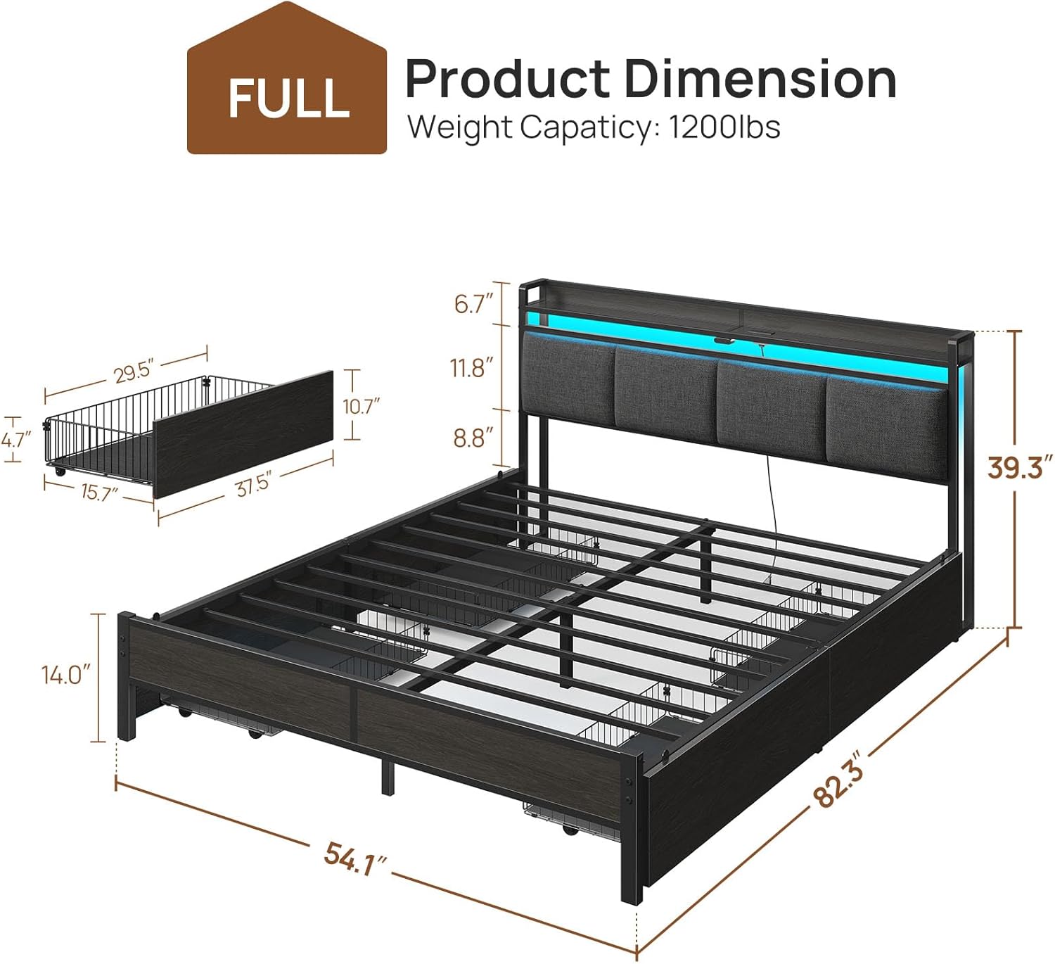 Full Size Bed Frame with Charging Station and LED Lights 2