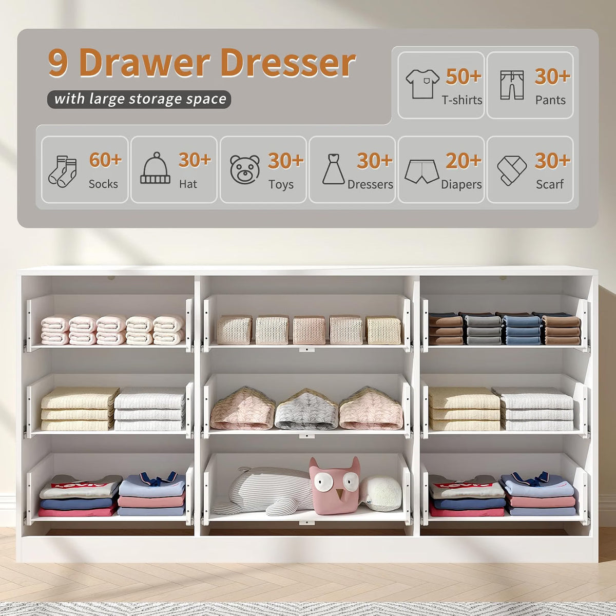 Dresser for Bedroom with 9 Drawer, 63” Wide White Dresser Modern Chest of Drawers with Metal Handle, Wooden TV Stand Storage