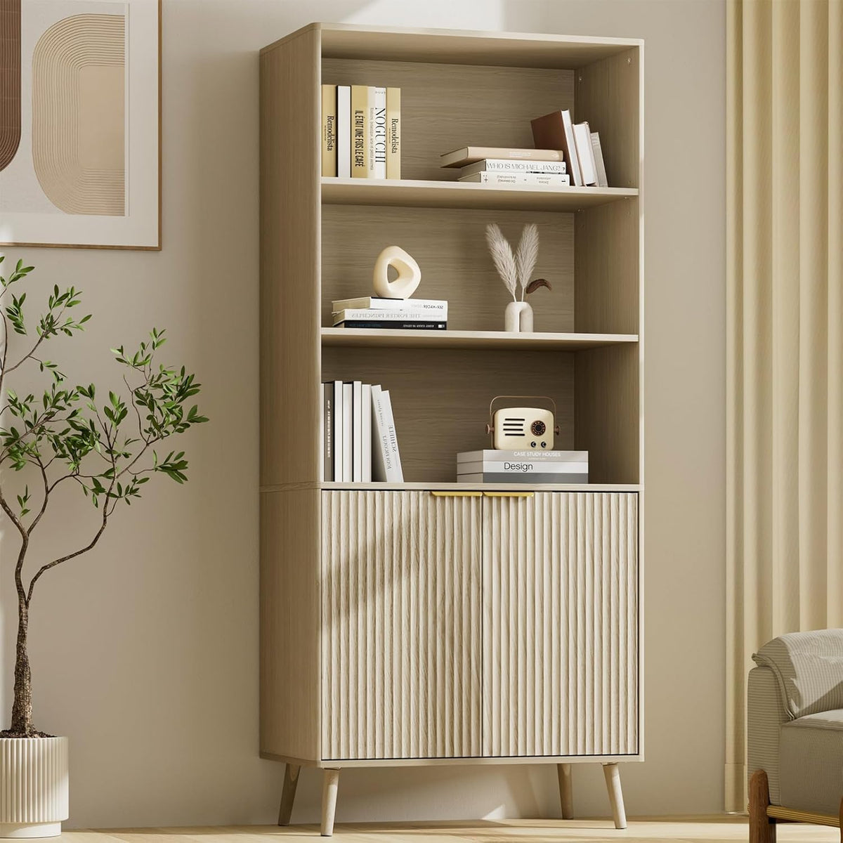 BAZELOR  71" Tall Bookshelf, 5-Tier Fluted Bookcase for Living Room, Walnut