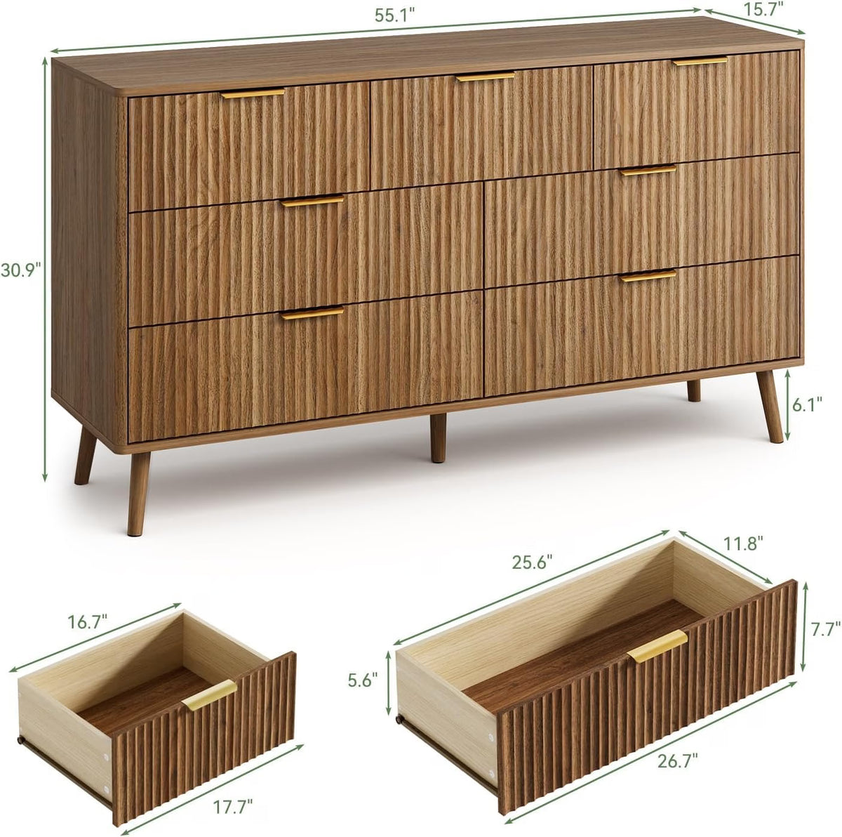 Walnut Fluted Wooden Dresser for Bedroom with 7 Drawers, 55" W