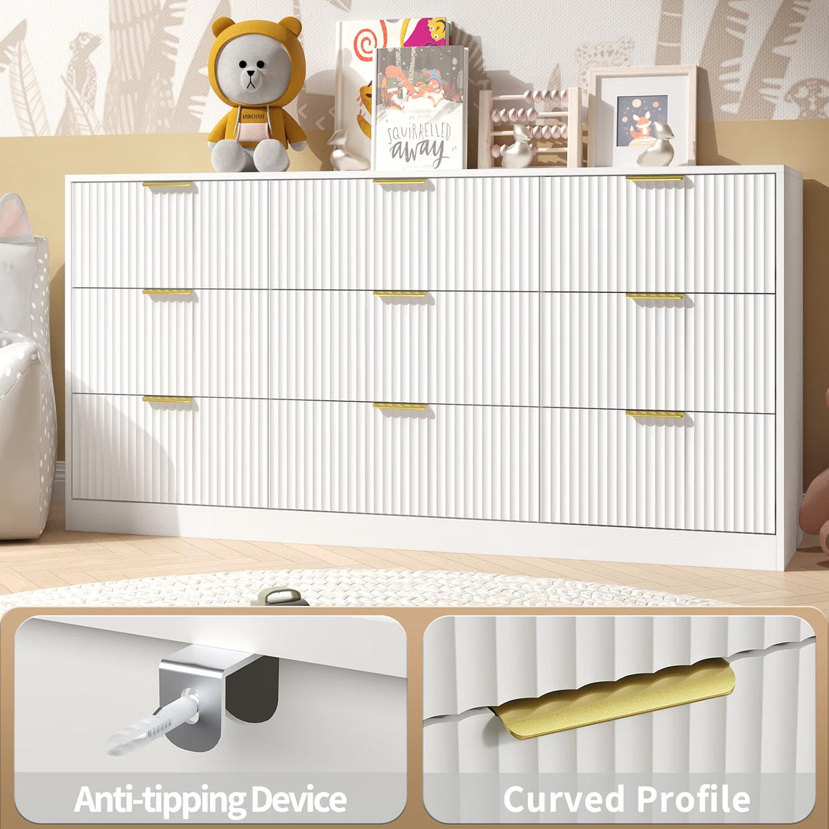 Dresser for Bedroom with 9 Drawer, 63” Wide White Dresser Modern Chest of Drawers with Metal Handle, Wooden TV Stand Storage
