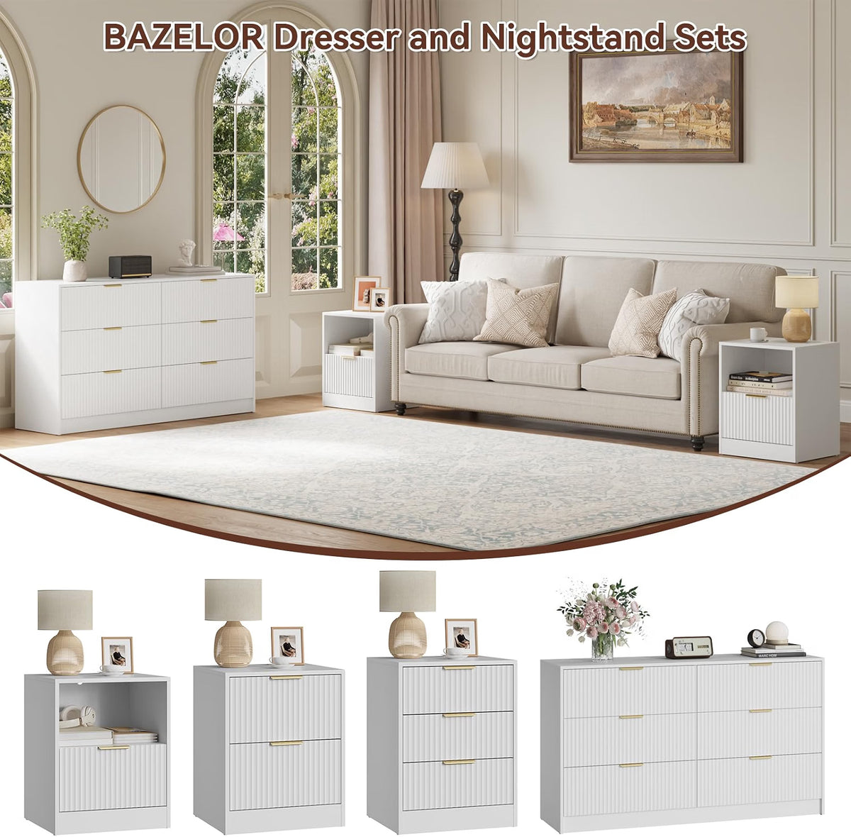 6 Drawer Dresser & 2-Drawer Nightstand Set 3-Piece, White丨55 Wide Bedroom Set Night Stand Set of 2 with Metal Handle, Fluted Wood Chest of Drawers Storage Dressers Set for Bedroom