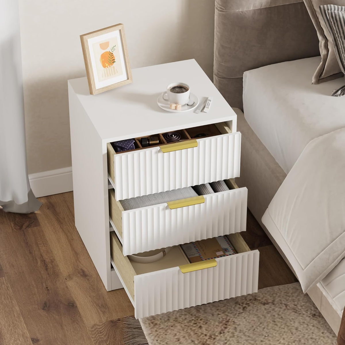 6 Drawer Dresser & 2-Drawer Nightstand Set 3-Piece, White丨55 Wide Bedroom Set Night Stand Set of 2 with Metal Handle, Fluted Wood Chest of Drawers Storage Dressers Set for Bedroom