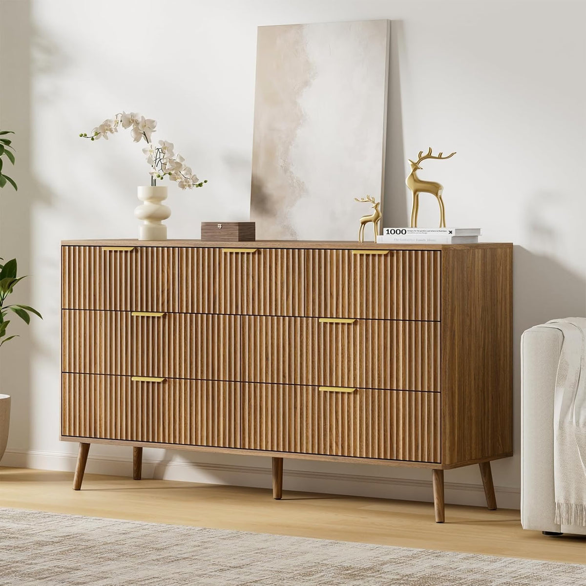 Walnut Fluted Wooden Dresser for Bedroom with 7 Drawers, 55" W