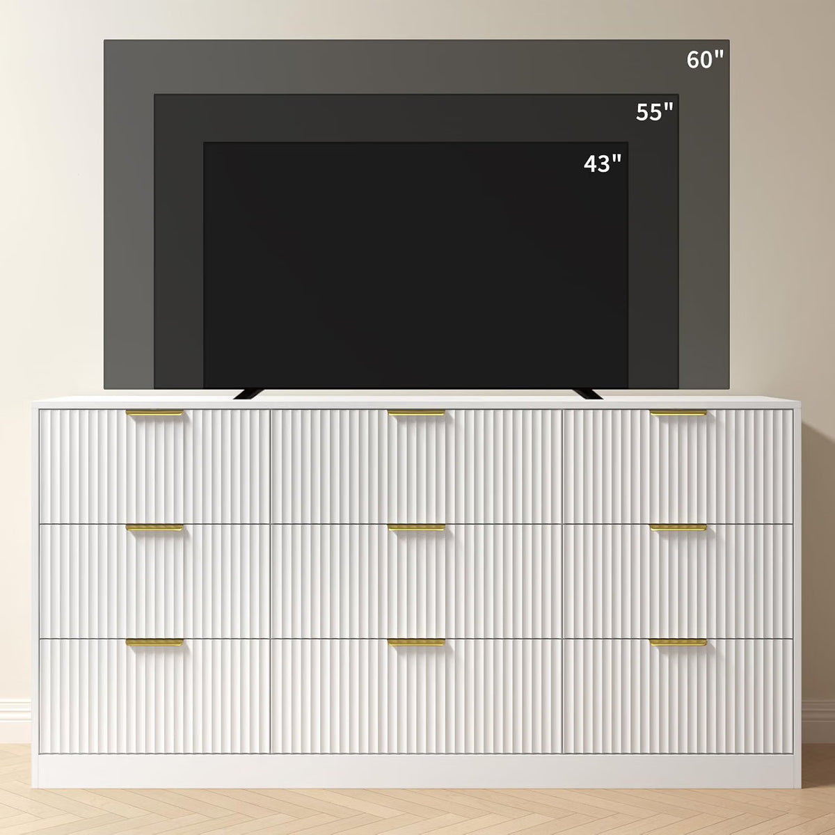 Dresser for Bedroom with 9 Drawer, 63” Wide White Dresser Modern Chest of Drawers with Metal Handle, Wooden TV Stand Storage