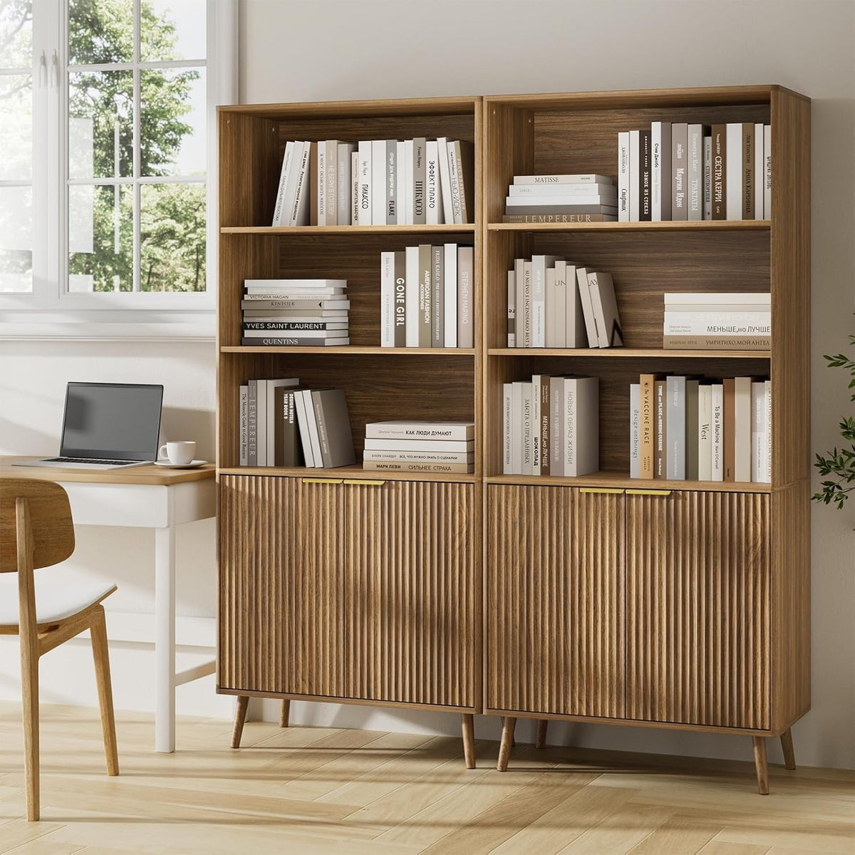 BAZELOR  71" Tall Bookshelf, 5-Tier Fluted Bookcase for Living Room, Walnut