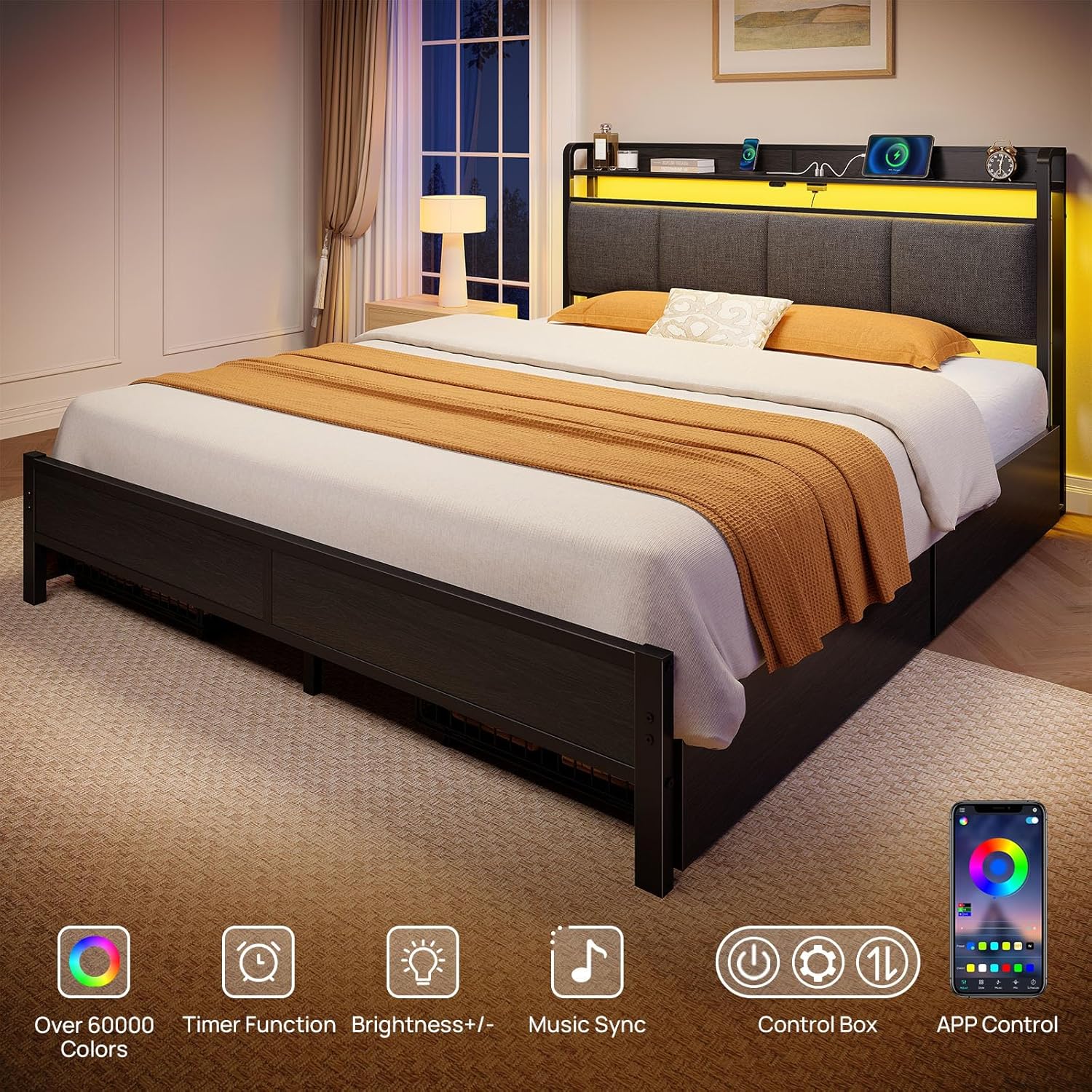 Full Size Bed Frame with Charging Station and LED Lights 3