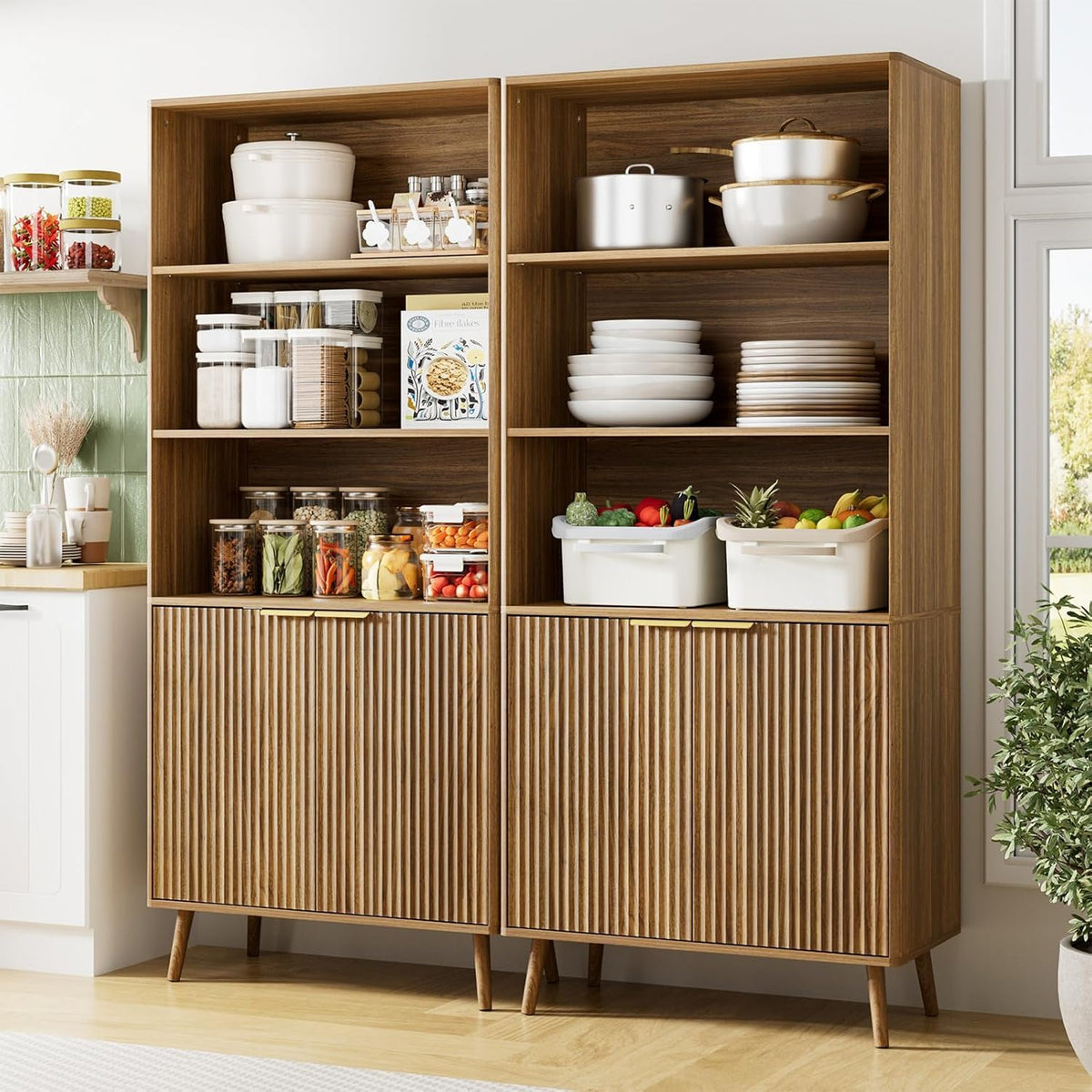 BAZELOR  71" Tall Bookshelf, 5-Tier Fluted Bookcase for Living Room, Walnut