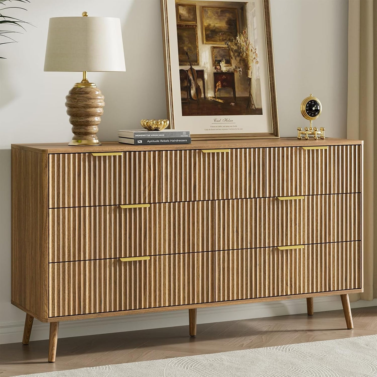 Walnut Fluted Wooden Dresser for Bedroom with 7 Drawers, 55" W
