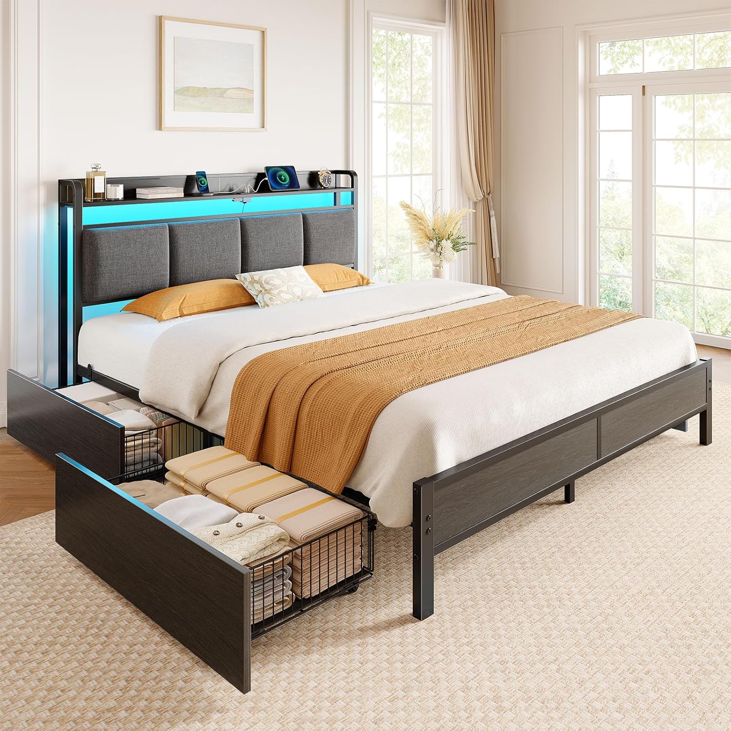 Full Size Bed Frame with Charging Station and LED Lights 8