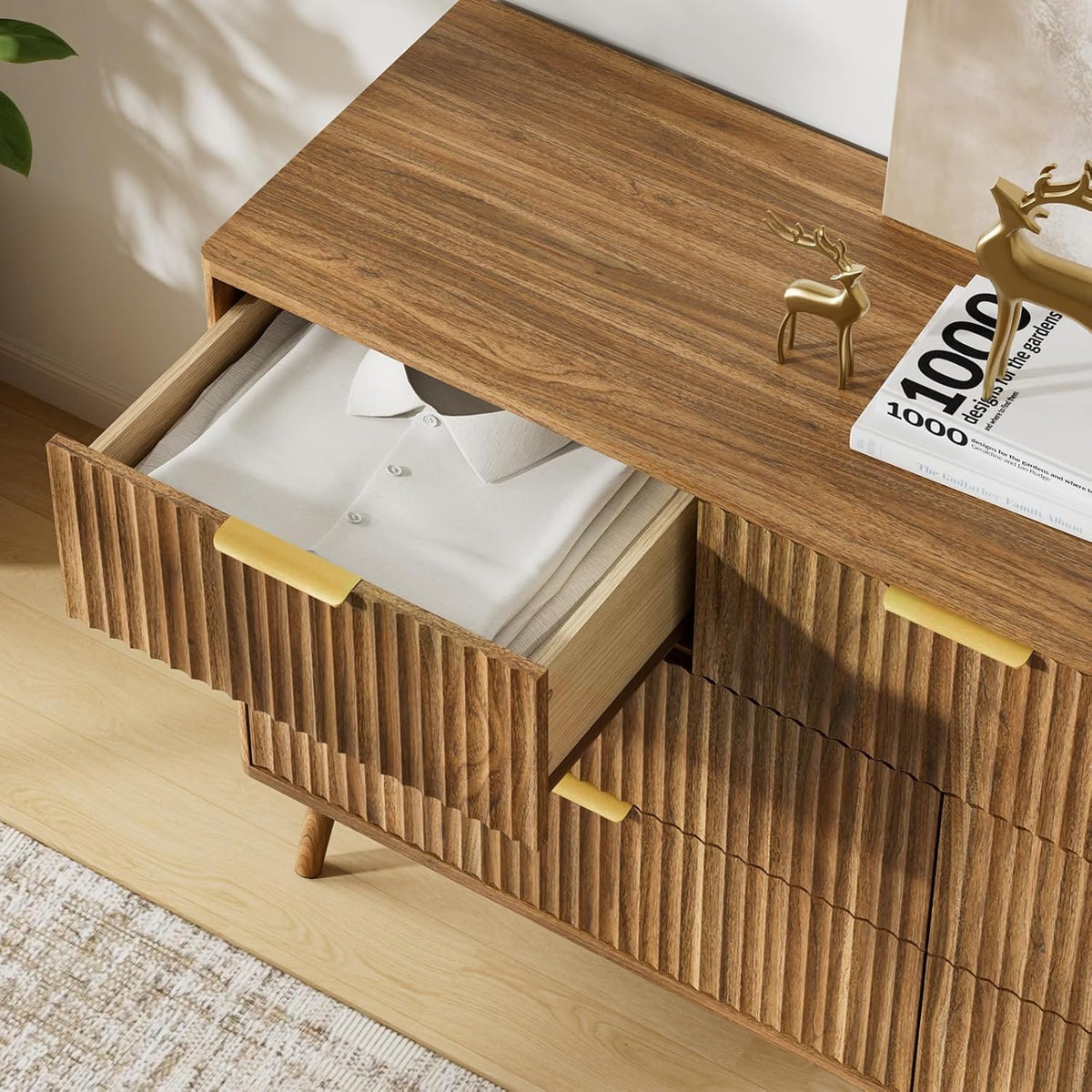 Walnut Fluted Wooden Dresser for Bedroom with 7 Drawers, 55" W