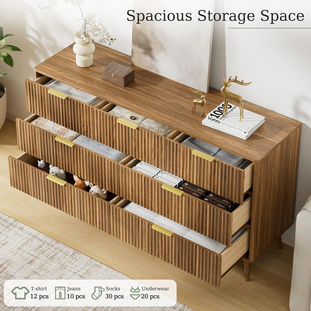 Walnut Fluted Wooden Dresser for Bedroom with 7 Drawers, 55" W