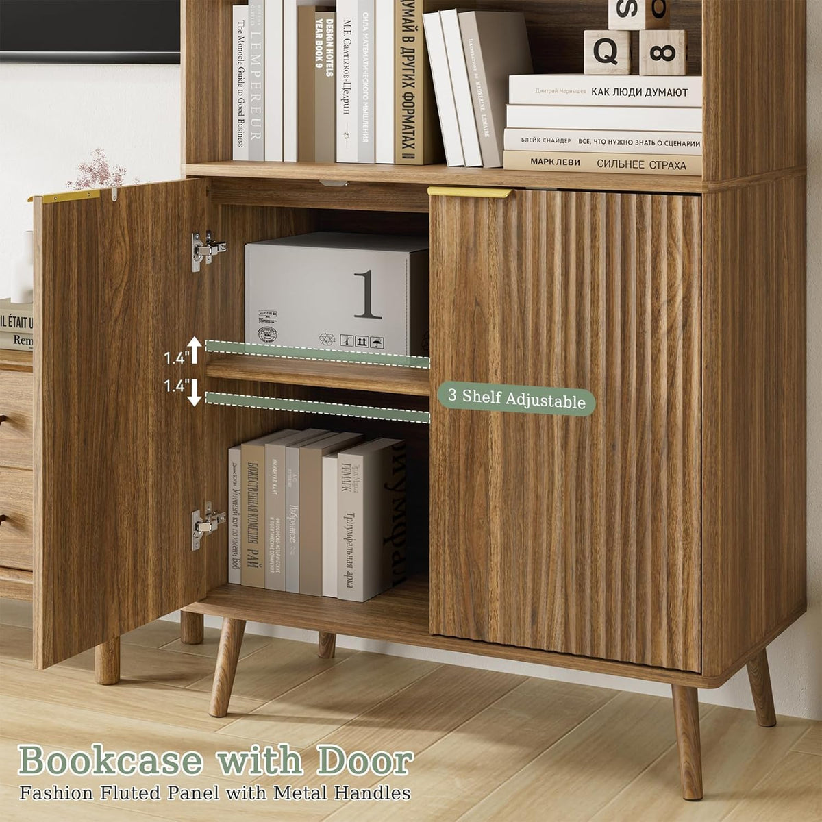 BAZELOR  71" Tall Bookshelf, 5-Tier Fluted Bookcase for Living Room, Walnut